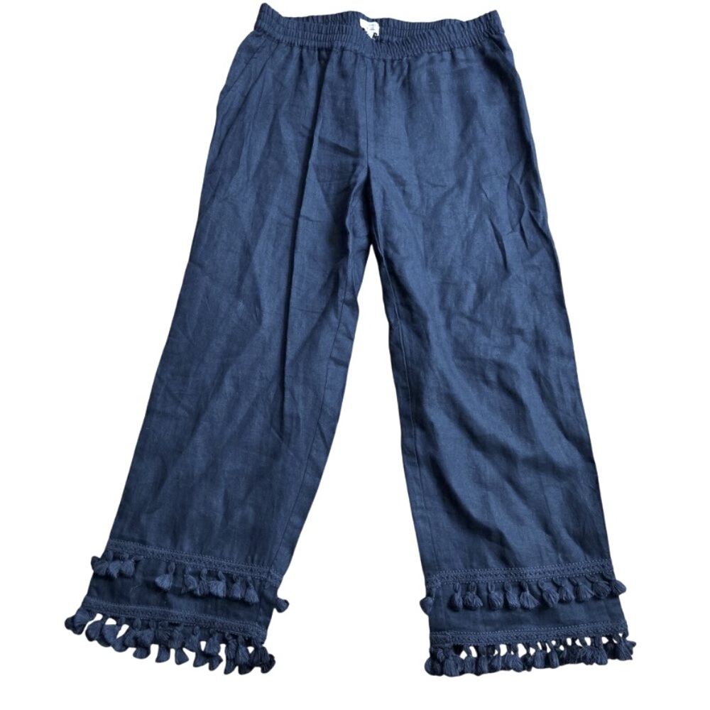 Crown & Ivy Womens Pull-on Linen Tassel Cropped Pants Navy Size 2 Boho Beachy